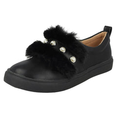 Girls Spot On Faux Pearl Strap Fur Trim Shoes