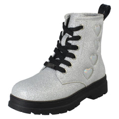 Girls Pineapple Low Heel Lace Up Heart Glitter Boots with Inside Zip H4196