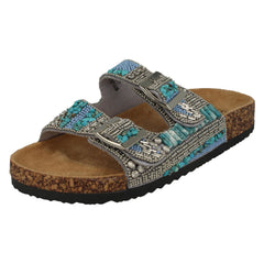Ladies Down To Earth Dual Buckle Strap Beaded Mule Sandals F00251