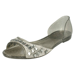 Ladies Spot On F0794  Open Toe Flat Ballerina With Jewelled Detailing