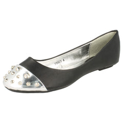 Ladies Spot On Flat Casual Ballerina Studded Metal Toecap
