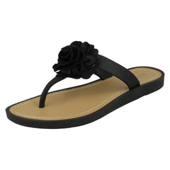 Ladies Savannah Flat Toepost Rose Trim Sandals