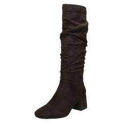 Ladies Spot On Rouched Mid Block Heel Knee High Boots F51242