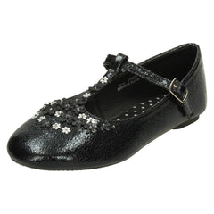 Girls Spot On Flat T-Bar Flower Trim Shoes