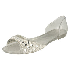 Ladies Spot On F0794  Open Toe Flat Ballerina With Jewelled Detailing