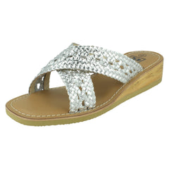 Ladies Down To Earth Low Wedge Leather X Strap Mule Sandal F00430