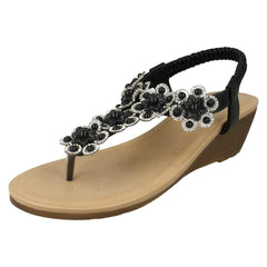 Ladies Savannah Mid Wedge Toepost Flower Trim Sandals