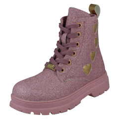 Girls Pineapple Low Heel Lace Up Heart Glitter Boots with Inside Zip H4196