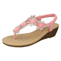 Ladies Savannah Mid Wedge Toepost Flower Trim Sandals