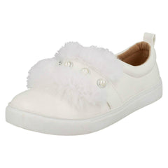 Girls Spot On Faux Pearl Strap Fur Trim Shoes