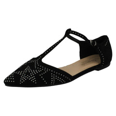 Ladies Savannah Flat T-Bar Buckle Strap Pointed Shoes