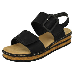 Ladies Rieker Buckle Detailed Adjustable Wedge Heeled Sandals 62950