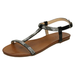 Ladies Spot On Flat Diamante T-Bar Sandals