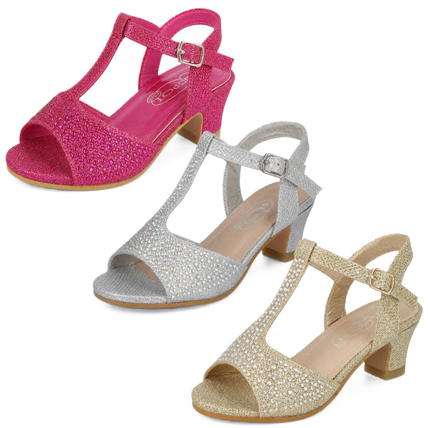 Girls Spot On Mid Heel T Bar Sandal With Buckle Ankle Strap H1123