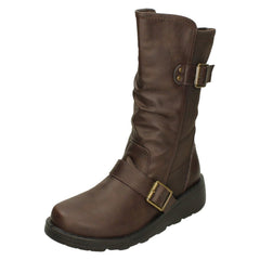 Ladies Spot On Buckle Detail Wide Fit Mid-Calf Boots F4452