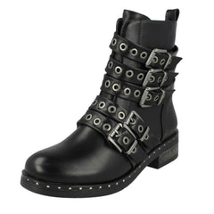 Ladies Spot On Biker Boots With Buckle Detail F4410