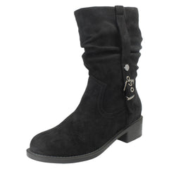 Ladies Spot On Low Heel Microfibre Zip Mid Calf Boots F51254