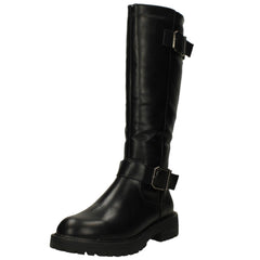 Ladies Spot On Chunky Heel Calf Boots with Buckle Straps F51204