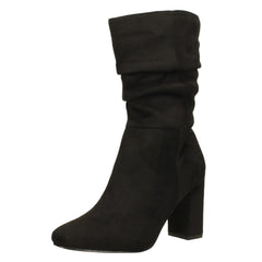 Ladies Spot On Mid Block Heel Calf Rouched Boots F51238