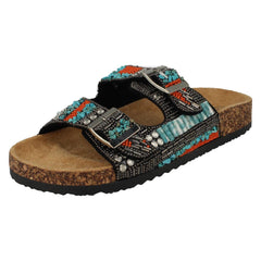 Ladies Down To Earth Dual Buckle Strap Beaded Mule Sandals F00251