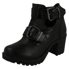 Girls Red Tag Buckle Strap Block Heel Ankle Boots