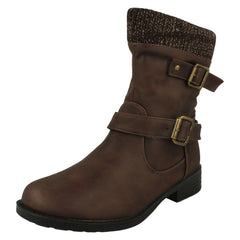 Ladies Spot On Warm Lined Buckle Detailed Mid Calf Boots F51182