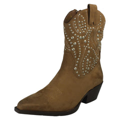 Ladies Spot On Stud Detailed Small Heel Zip Ankle Cowboy Boots F51257