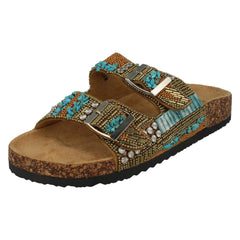 Ladies Down To Earth Dual Buckle Strap Beaded Mule Sandals F00251