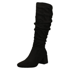 Ladies Spot On Rouched Mid Block Heel Knee High Boots F51242