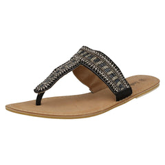 Ladies Spot On Leather Collection Beaded Toe Post Sandals