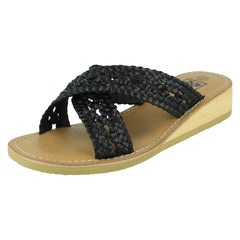 Ladies Down To Earth Low Wedge Leather X Strap Mule Sandal F00430