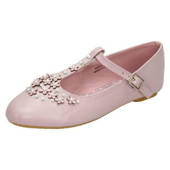 Girls Spot On Flat T-Bar Flower Trim Shoes