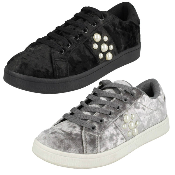 Ladies Spot On Pearl Trim Velvet Lace Up Pumps F80353