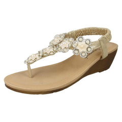 Ladies Savannah Mid Wedge Toepost Flower Trim Sandals