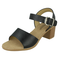 Ladies Savannah Mid Stack Heel Mule Sandal with Buckle Ankle Strap F12079