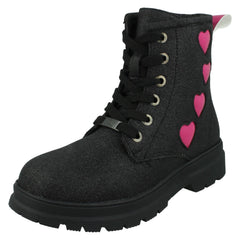 Girls Pineapple Low Heel Lace Up Heart Glitter Boots with Inside Zip H4196