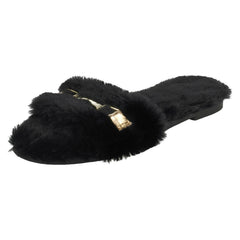 Ladies Spot On Flat Fur Mule Sliders F00139