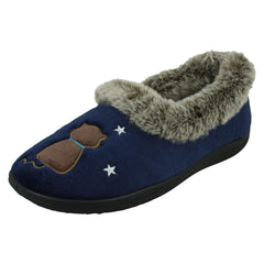 Ladies Padders Slippers With Cats Motifs With A Faux Fur Trim Anna