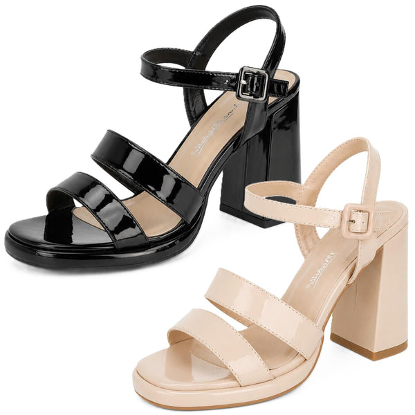 Ladies Anne Michelle Chunky Heeled Double Strap Mule With Buckle Ankle Strap F12048
