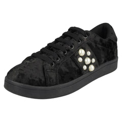 Ladies Spot On Pearl Trim Velvet Lace Up Pumps F80353
