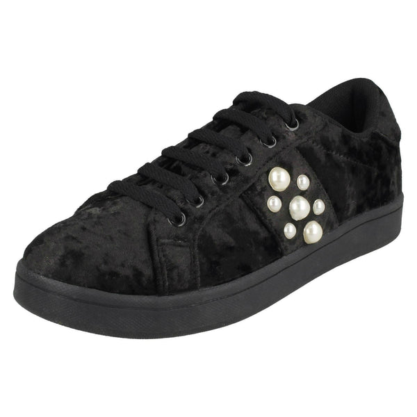 Ladies Spot On Pearl Trim Velvet Lace Up Pumps F80353