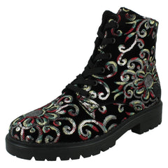 Ladies Rieker Floral Stitch and Sequin Design Combat Boots Z2841