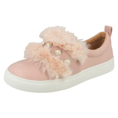 Girls Spot On Faux Pearl Strap Fur Trim Shoes