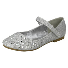 Girls Spot On Hook & Loop Bar Strap Diamante Ballerinas H2484