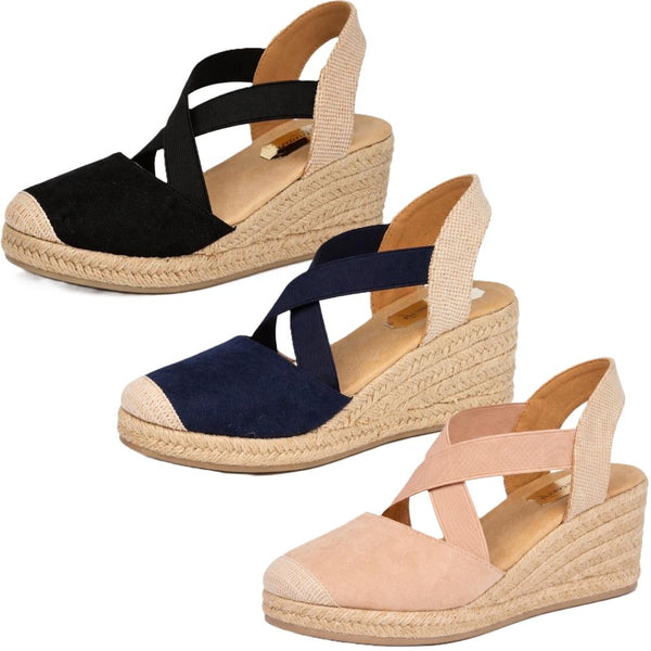 Ladies Savannah Comfort Cross Strap Espadrille Wedge Sandals F2314