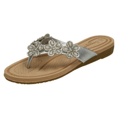 Ladies Savannah Jewelled Flower Trim Toepost Sandals