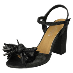 Ladies Spot On Chunky Heel Fringe Bow Vamp Sandals F10842