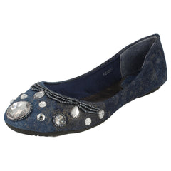 Ladies Spot On Denim Ballerina Jewel Beaded Vamp
