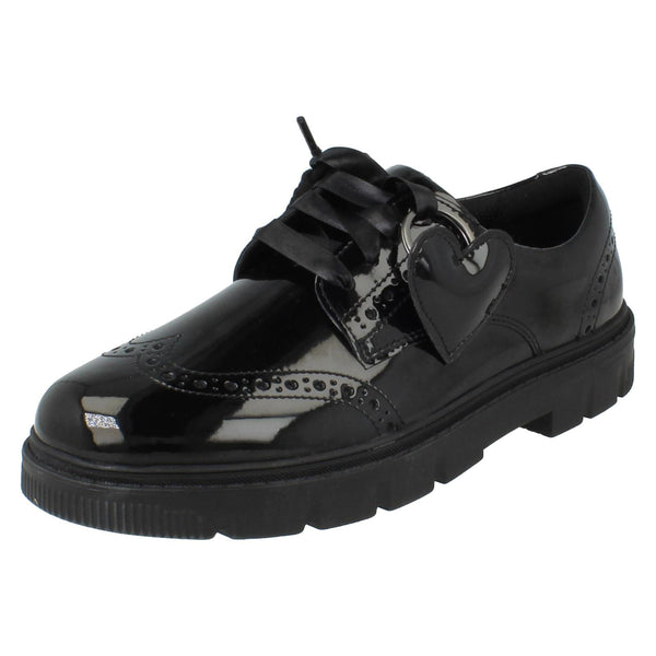 Girls Clarks Leather Removable Heart Charm Brogue Lace Up School Shoes Lorcam Lace