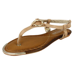 Ladies Spot On Flat Toe Post Sandal With Snake Trim